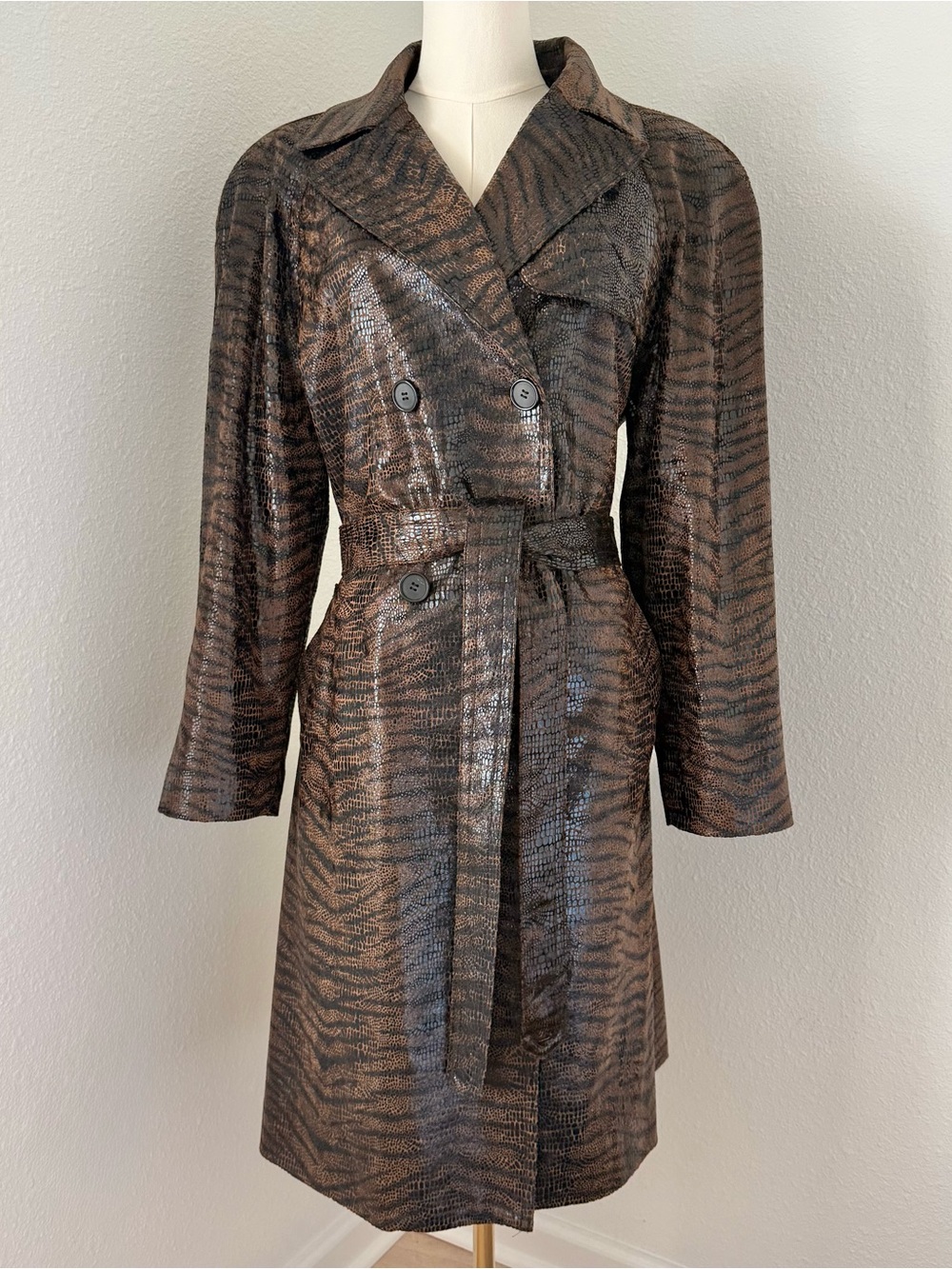 Vintage Python Snake Print Brown Long Trench Coat Jenni Max NYC Mob Wife Size 12